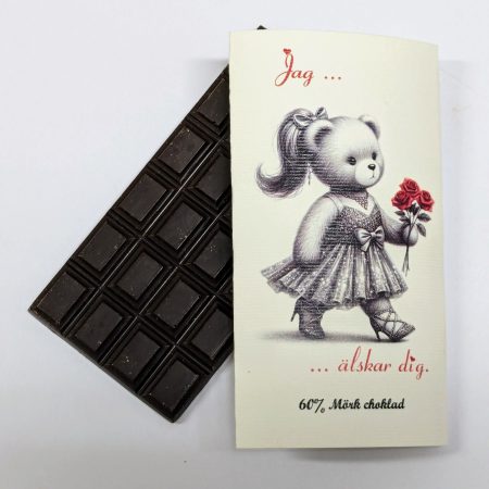 Jag älskar dig - Kvinnlig teddybjörn med rosor , 60% mörk choklad