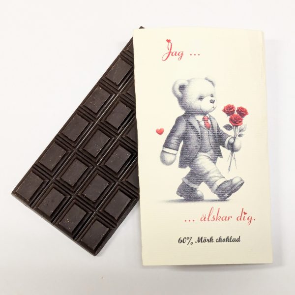 Jag älskar dig - Manlig teddybjörn med rosor , 60% mörk choklad