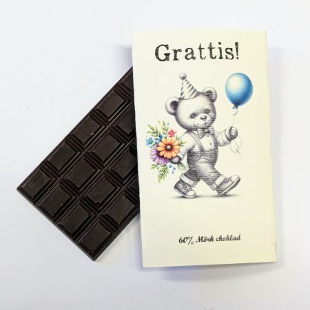 Grattis! - Teddybjörn md blommor & ballong, 60% mörk choklad