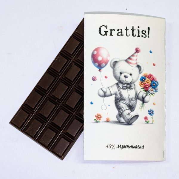 Grattis! – Teddybjörn med blommor & ballong, 45% mjölkchoklad