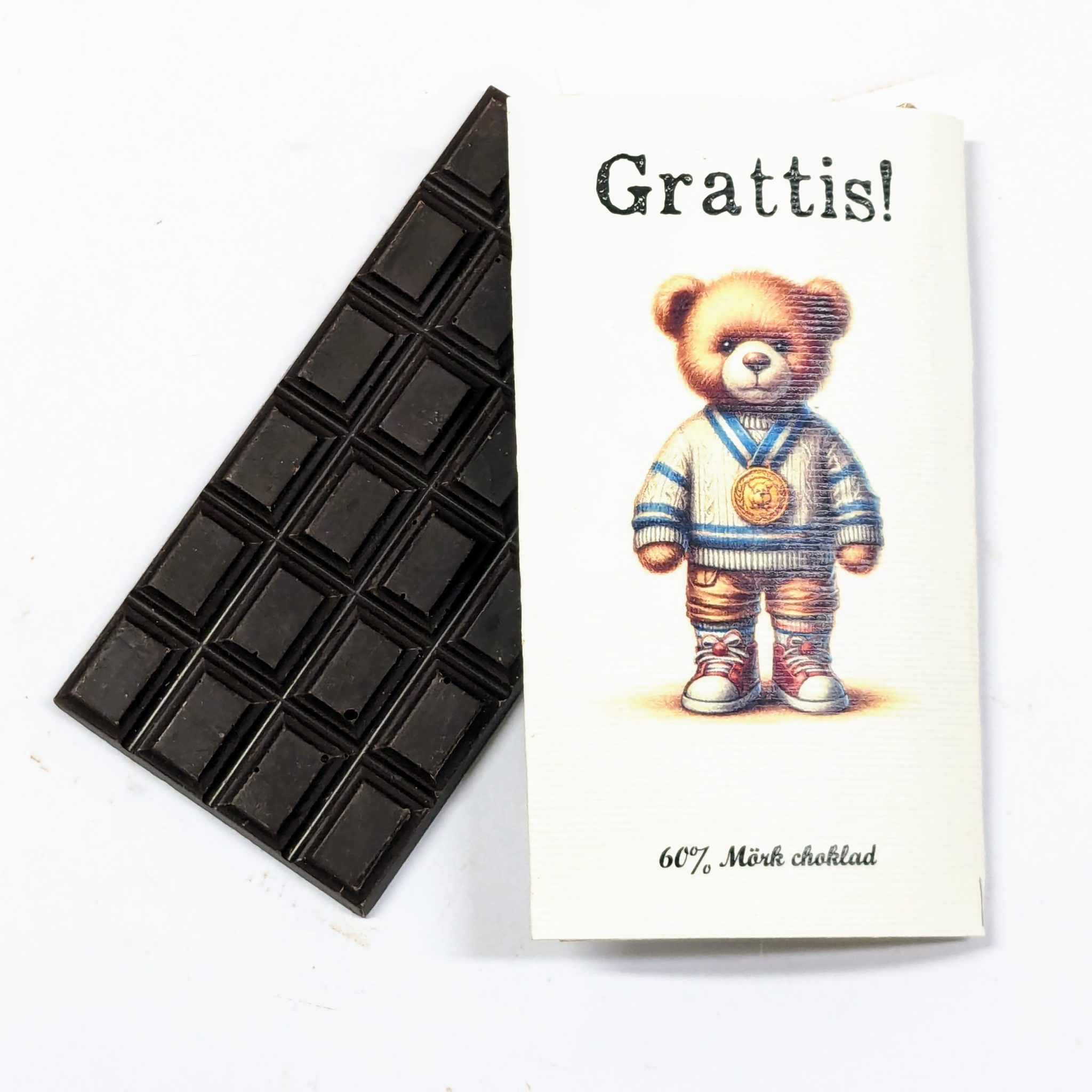 Grattis! Teddybjörn med guldmedalj, 60 mörk choklad LABYs